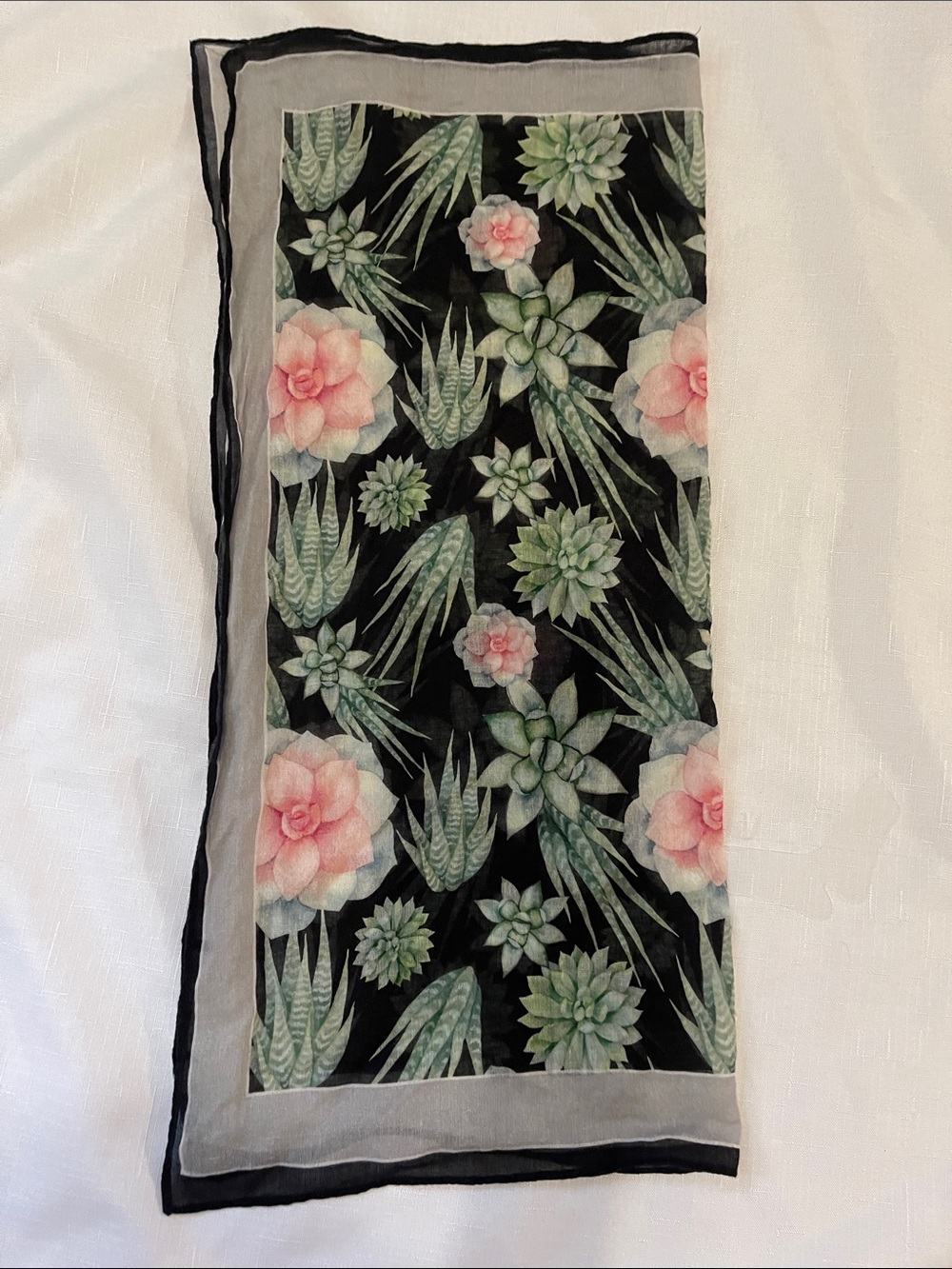 Floral Succulent Print Lightweight Scarf - Black and Pink for Neck Or Purse